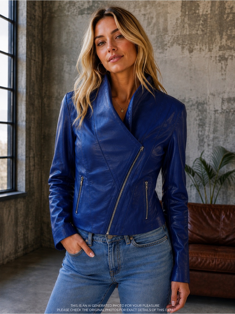 BNWT Iman 100% Genuine Leather Women's Blue Leather Asymmetric Zip Jacket Luxury